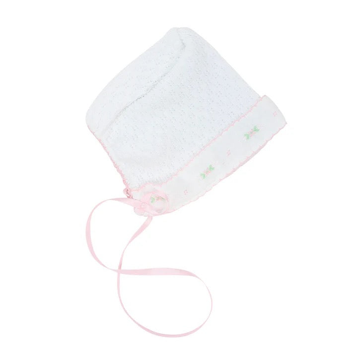 G- White Bonnet W/Ribbon Tie/Swiss Floral Trim – Ana Banana